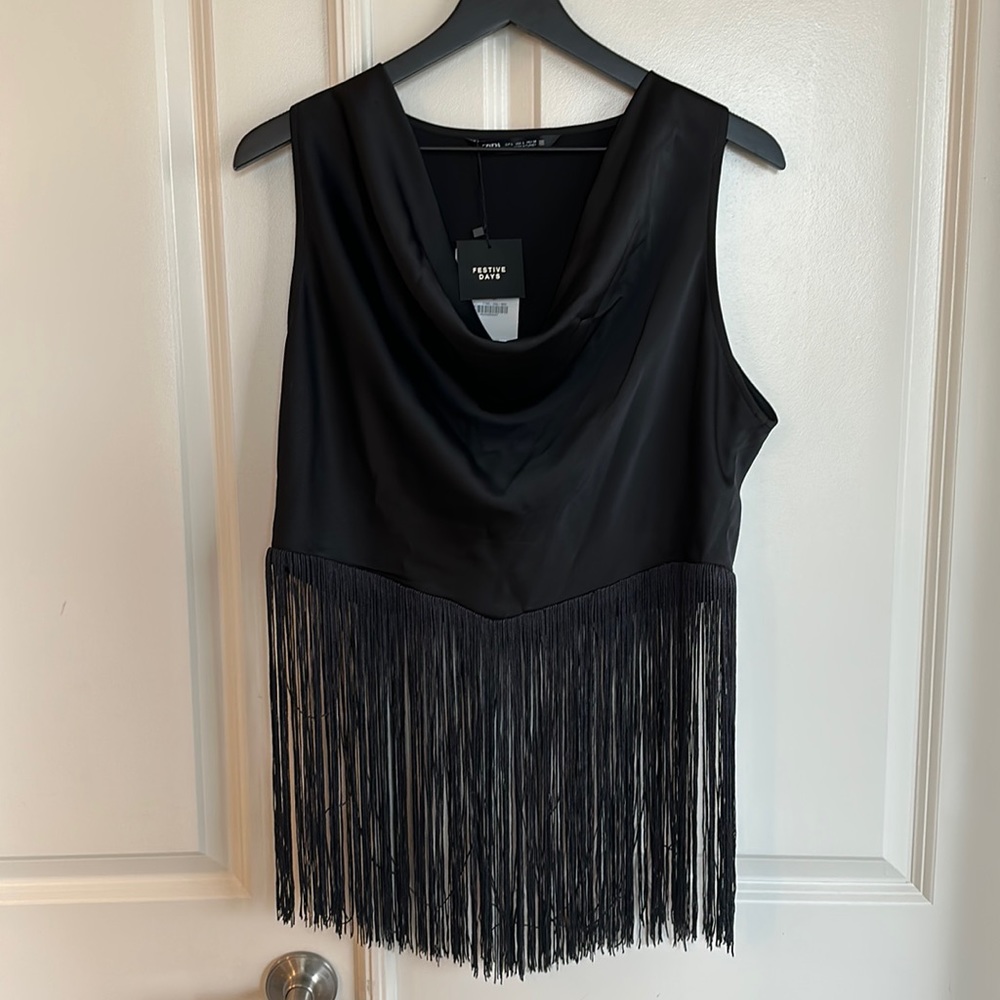 Zara Sleeveless Fringed Cowlneck Top